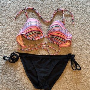 Victoria's Secret Pink and Black Bikini with Striped Top